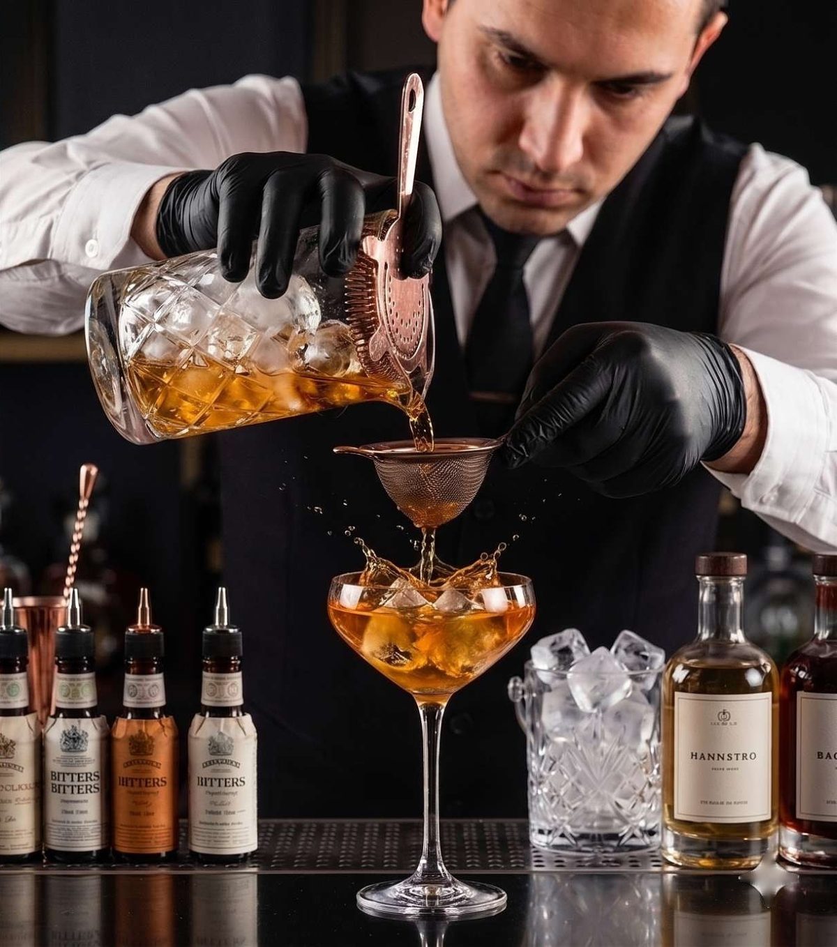 Barmen bakır süzgeçle kokteyl süzüyor
